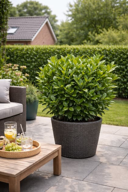 Bolvormig gesnoeide laurier in een pot op een terras, met een geschoren haag op de achtergrond
