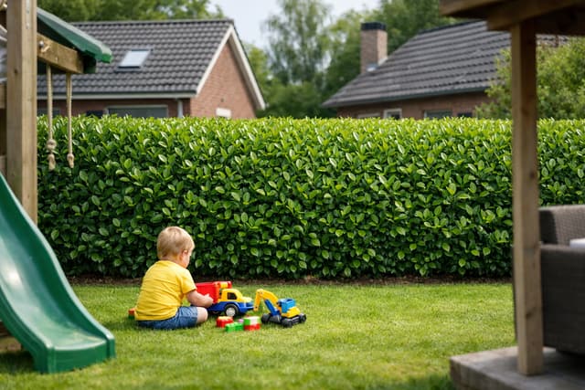 Strak geschoren laurierhaag rond een Vlaamse tuin